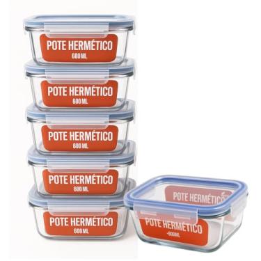 Imagem de KIT 06 Potes de Vidro Retangular com Tampa Hermética 640ml Cor:Azul
