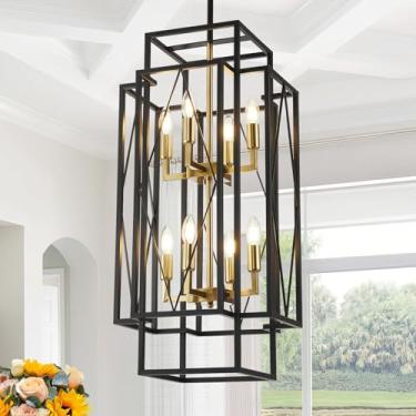 Imagem de UnicozoHome Lustre Preto E Dourado De 31,5", Luminária Pendente Em Camadas Com 8 Luzes, Luminárias Rústicas Para Hall De Entrada Industrial, Lustres Grandes Para Tetos Altos, Lustre De Entrada Estil