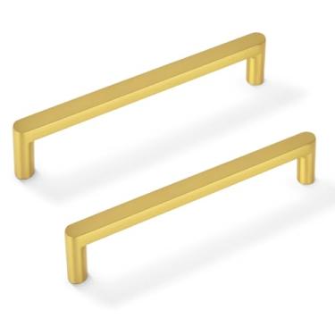 Imagem de Vicycmc Puxador sólido de liga de zinco dourado escovado com orifício central de 128 mm, puxadores de gaveta de latão resistente, ferragens de armário para quarto, cômoda, cozinha, pacote com 6 8521