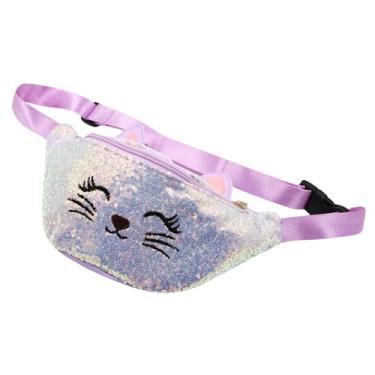Imagem de Pochete infantil fofa Pokla Dot laço bolsa de cintura mini bolsa transversal para meninas, crianças, esportes, viagens, Gato de lantejoulas - roxo, One Size, Casual