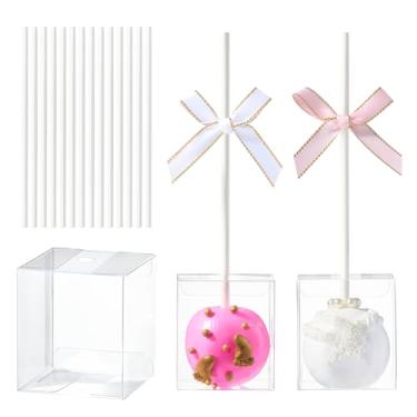 Imagem de Pacote com 50 caixas transparentes para lembrancinhas de bolo 4,4 x 4,4 x 5 cm com furo pré-cortado e palitos de papel - Caixas de petisco prontas para usar para aniversários, casamentos, chás de bebê