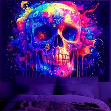 Imagem de Tapeçaria de Halloween com luz negra UV reativa que brilha no escuro, cena noturna de terror assustador com efeitos de esqueleto, castelo e neon, decoração estética tripla para festa (caveira 3, 201