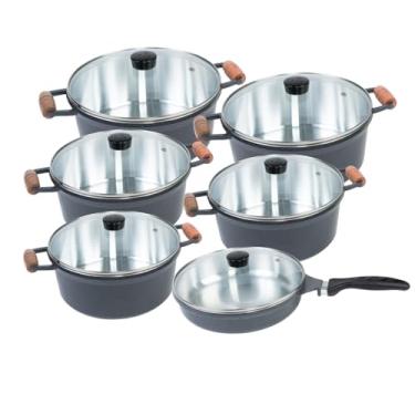 Imagem de Jogo de Panelas 6 Peças Cava em Alumínio Fundido Grafite com Alça de Madeira e Tampas de Vidro com Frigideira 24cm