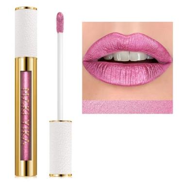 Imagem de MAKI YIKA Batom rosa metálico para mulheres, batons rosa nude, batom com glitter de longa duração, sem manchas, sem transferência, brilho labial líquido (BR21 Sweet Rose)