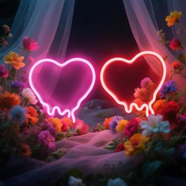 Imagem de HOTHGAR Sinais de neon de coração, 2 peças de luzes vermelhas e rosa derretidas, alimentadas por USB ou 3AA, placas de neon de amor para festa, presente de aniversário iluminado para meninas, luzes