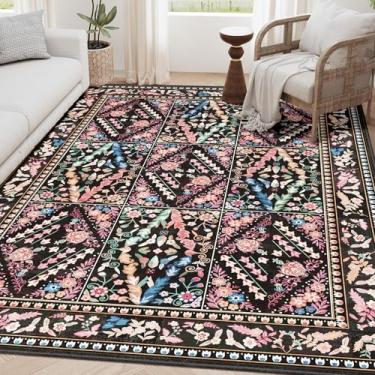 Imagem de YesRug Tapete preto 1,5 m x 18 cm – Tapete de área de diamante Boho floral lavável para quarto, sala de estar, cama, cozinha, sala de jantar, quarto de crianças, escritório, tapete antiderrapante