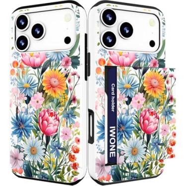 Imagem de IWONE Capa compatível com Phone 17 Pro com porta-cartões fofa à prova de choque proteção contra quedas capa carteira de telefone para mulheres - flores azuis rosa selvagem