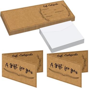 Imagem de Vales de presente em branco Cartões de certificado Kraft com envelopes para salão de negócios, restaurantes, spa, Natal, aniversário, 3,5 x 7 (dobrado - 48 peças)