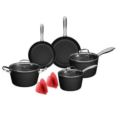 Imagem de Conjunto de Panelas Antiaderente para Indução 5 Peças Black Rock + Pegadores Silicone - Mimo Style