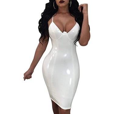 Imagem de Mulheres Spaghetti Straps Slim Push Up Faux Couro Pvc Decote Em V Vinil Midi Bodycon Party Cocktail Club Dress