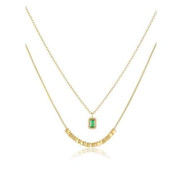 Imagem de PiercingJ Colar de zircônia cúbica banhada a ouro 18 K em camadas, pingente de zircônia verde, joia feminina moderna para aniversários, Natal, Dia das Mães