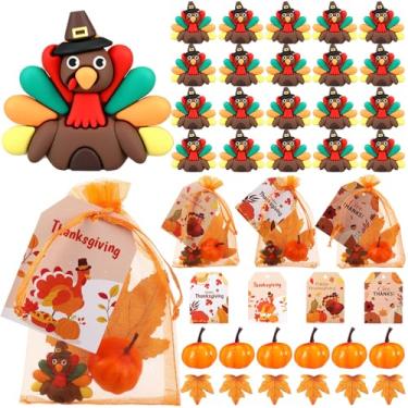 Imagem de Halloscume 24 Set Thanksgiving Decorations Fall Gifts, Include Mini Turkey Figurines Foam Pumpkin Maple Leaves Thanksgiving Cards with Orange Organza Bag for Harvest Home Table Decor Party Gift
