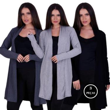 Imagem de Kit 3 Cardigan Manga Longa Canelado Feminino - c6 KIT 3 FABIANE PRETO 