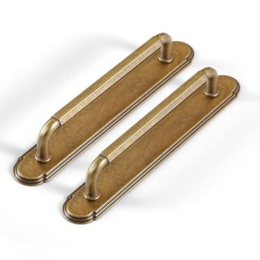 Imagem de Goo-Ki Pacote com 2 puxadores de armário com placa traseira/espaçador puxadores de gaveta de latão antigo, orifício central de 12 cm, vintage, retrô, liga de zinco, ferragens de cozinha