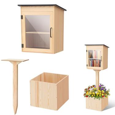 Imagem de Wonderjune Caixa de biblioteca de madeira, biblioteca externa, caixa dupla para armazenamento externo com plugues de chão e pequena cerca de flores para bricolage, comunidade, literatura, escola