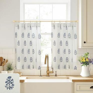 Imagem de Cortinas de cozinha azul marinho, estampa floral, litorânea, branca, fazenda, francês, país, millenial, grandmillenial, preppy flower para janela de banheiro, azul escuro e branco