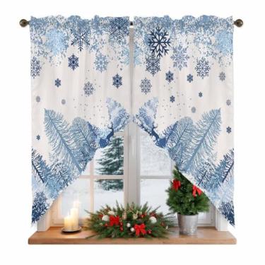 Imagem de Cortinas de Natal para Janelas Azul Floco de Neve Pinheiro Swag Cortinas de Cozinha Rena Alce Neve Floresta Janela Cortina de 2 Painéis Topper Cortinas para Cozinha Sala de Estar Quarto 71 cm x 91 cm