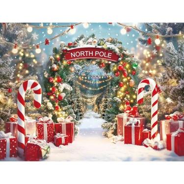 Imagem de Rieetmk Pano de fundo de Natal - Cena de neve de inverno com bengalas de doces para decoração de estúdio de festa de Natal, faixa de decoração de estúdio - Pólo Norte Aurora Floresta Tecido de