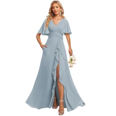 Imagem de Vestido de dama de honra demamify azul empoeirado, chiffon, decote em 