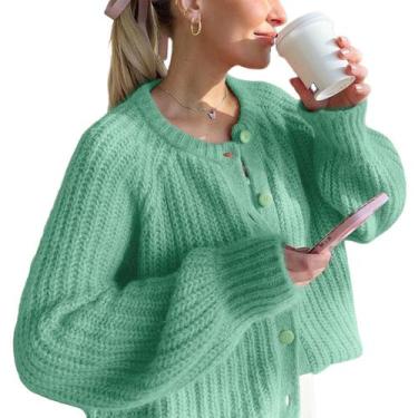 Imagem de Suéter de cardigã feminino YKR de malha grossa com frente aberta verde