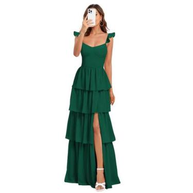 Imagem de Vestido de dama de honra Dessiny verde escuro com alças espaguete plus