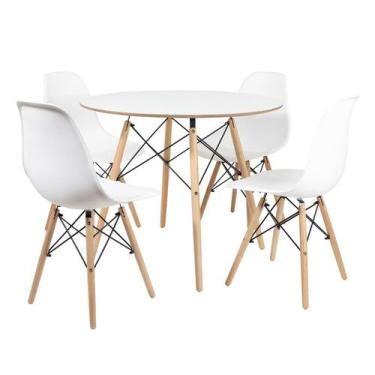 Imagem de Mesa Redonda Eames Chanfrada 90cm Branca com 4 Cadeiras Eames DSW Bran