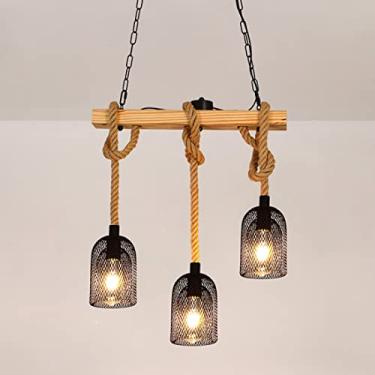 Imagem de E27 Luminária pendente de madeira para sala de jantar, estilo industrial, corda antiga, lâmpada decorativa LED, luminária retangular vintage de ferro preto, lustre para teto de cozinha e esc