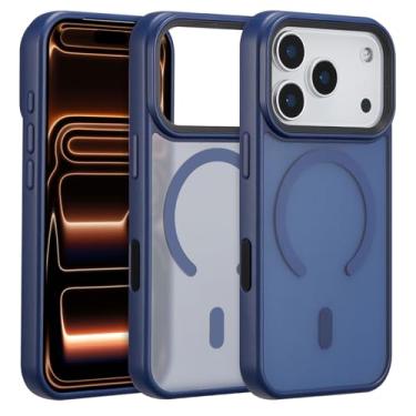 Imagem de ZTOFERA Capa magnética para iPhone 17 Pro, compatível com MagSafe, proteção de câmera elevada + botão de controle de câmera AI, capa traseira fosca translúcida com impressão digital (azul)