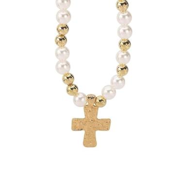 Imagem de Colar Cruz Dourada Perola Grande Vintage Choker Crucifixo-Gargantilha Bolinha Dourada com Perolas Pingente Martelado Retrô Gotico Festa Vitoriana-Choker Feminina Corrente Pérola Religioso Amiga Esposa Aniversário Datas Especiais