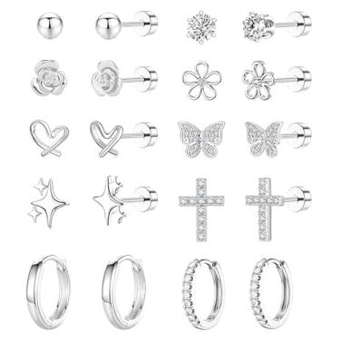 Imagem de LOFITOR 10 pares de brincos hipoalergênicos com costas planas para mulheres, meninas e crianças, lindo conjunto de brincos de argola de aço cirúrgico com cruz de flor de zircônia cúbica 316L de aço