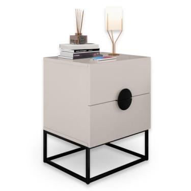 Imagem de Mesa de Cabeceira Industrial Pés de Aço com 2 Gavetas Corrediça Telescópica e Puxadores Meia Lua - LH Móveis (Off White/Pé Preto)