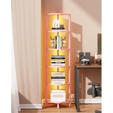 Imagem de TUTOTAK Prateleira de canto com luz LED, estante de canto de 6 camadas para espaço pequeno, suporte de prateleira de canto estreito com rack de armazenamento, para sala de estar, quarto, rosa