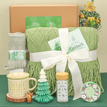 Imagem de Presentes de Natal para mulheres 2025, conjuntos exclusivos de presente de Natal verde para mulheres, meninas adolescentes, mãe, esposa, irmã, amigas com vela de caneca cobertor