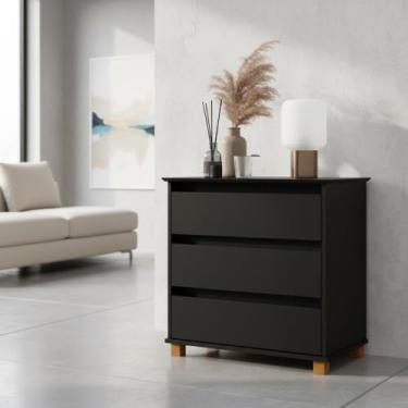 Imagem de Cômoda Compacta para Escritório 3 Gavetas e Pés de Madeira - Preto