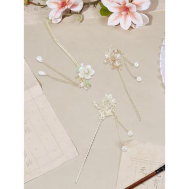 Imagem de 3 peças de 3 estilos de palitos de cabelo chineses para coques, flores brancas douradas e rosas vintage, acessórios de cabelo com borla de pérola sintética de acrílico para mulheres, meninas, Natal