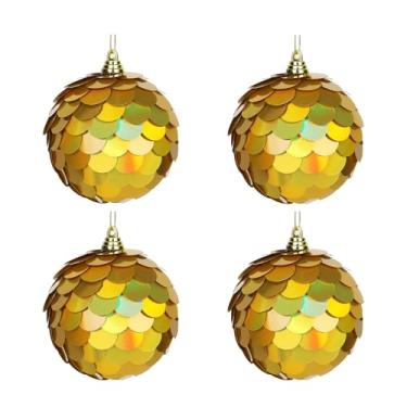 Imagem de Enfeite de decoração de árvore de Natal, decoração de bola de Natal reflexiva, 4 peças, conjunto de bolas de lantejoulas iridescentes artesanais, férias, festa, decoração de casa (ouro Solara, 8 cm)