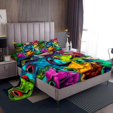 Imagem de Erosebridal Jogo de lençol casal de sapo engraçado hippie graffiti sapo colorido tie dye vida selvagem tropical para crianças, meninos, adolescentes, 1 lençol com elástico, 1 lençol de cima e 2