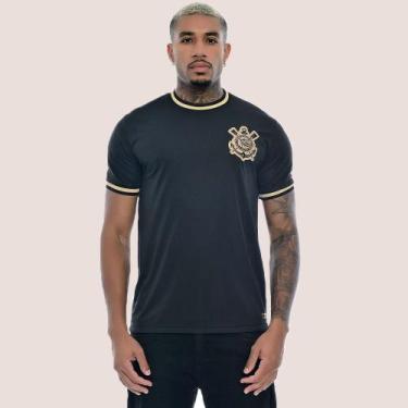 Imagem de Camiseta Corinthians Masculina Gola V Bordada, Preto, Dourado