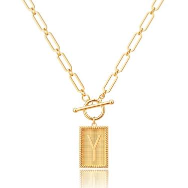 Imagem de Robaice Colar feminino banhado a ouro 14K, pingente de alfabeto personalizado com gravação inspiradora, corrente de clipe de papel, joia que não mancha, presente para ela, 18'' + 2'' extender, Metal