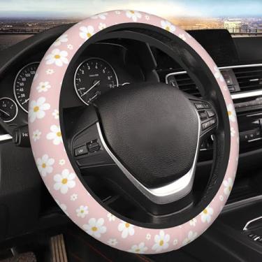 Imagem de Capa de volante de carro, flor rosa, protetor de roda antiderrapante universal, 38 cm, acessórios elásticos para carros para homens e mulheres