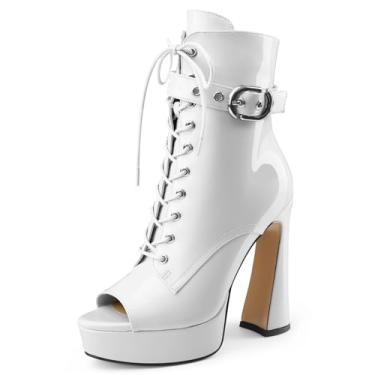 Imagem de Perisis Botas de dança femininas abertas peep toe plataforma com cadarço grosso salto alto tornozelo fivela tira zíper moda sandálias sexy botas, Patente branca, 42