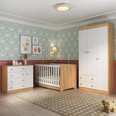Imagem de Quarto de Bebê Completo com Berço Americano 3 em 1 Encanto Multimóveis Mp4589 Madeirado/branco