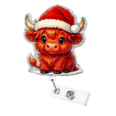 Imagem de Carretel de crachá de vaca de Natal, vermelho, retrátil, com clipe de crachá fofo e retrátil com cordão de nylon durável de 61 cm, suporte de crachá de inverno para enfermeira, enfermeira, médico
