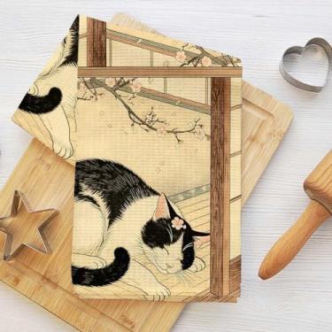 Imagem de Toalhas de cozinha de gato dormindo, toalha de prato decorativa de microfibra absorvente estilo japonês, toalhas de chá de waffle para cozinha, casa, banheiro, presentes para amantes de gatos