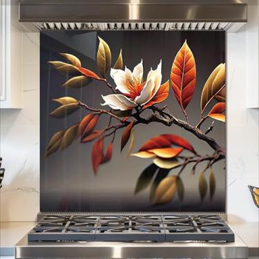 Imagem de fzxwyishu Backsplash de cozinha de vidro temperado, tampa superior traseira de fogão, azulejo respingo, capa de pia de cozinha magnólia, proteção contra respingos, decoração de cozinha doméstica (76,2