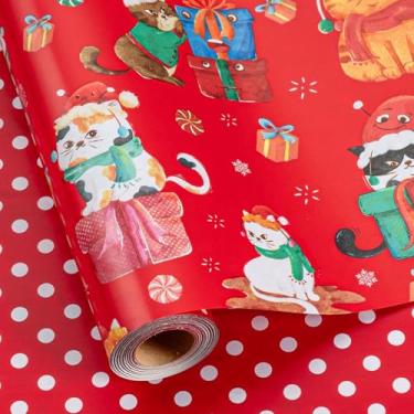Imagem de MAYPLUSS Rolo de papel de embrulho de Natal - 43 cm x 80 metros - chapéu de Natal fofo de gato reversível papel de embrulho de bolinhas, papel de embrulho grosso para festas de fim de ano, crianças
