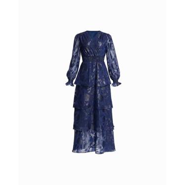 Imagem de Anne Klein Vestido longo feminino de chiffon estampado em camadas de manga comprida, Montanha distante, 50