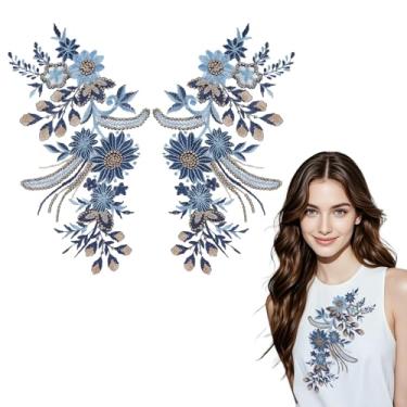 Imagem de letsinstyle 1 par de apliques bordados de flores azuis de lantejoulas, costurados em tecido de renda floral, apliques de flores, enfeites para conserto de roupas de casamento DIY
