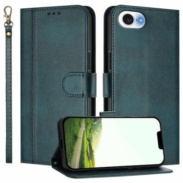 Imagem de JanCalm Capa carteira para iPhone 16e, compartimentos para dinheiro, alça de pulso, fecho magnético, proteção de couro PU, capa de design minimalista, capas flip com suporte para iPhone 16e (verde)
