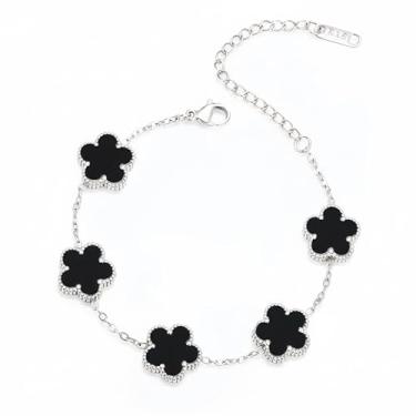 Imagem de Pulseira feminina de trevo de cinco folhas banhada a ouro 18K - Joias delicadas da sorte, aço inoxidável ajustável e hipoalergênico, presente elegante para ela